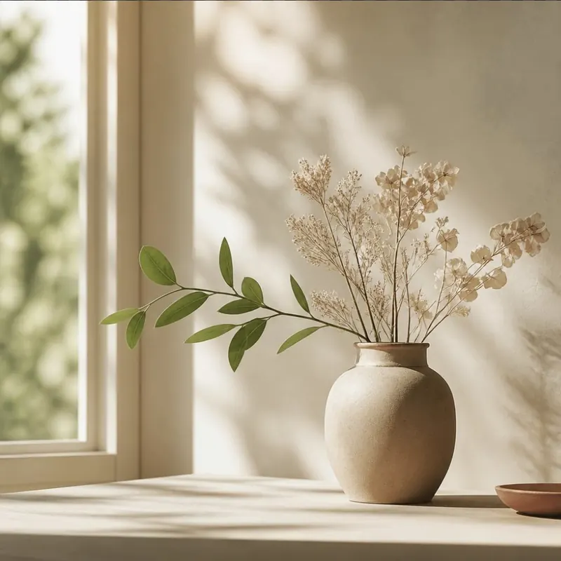 Dried flowers in a ceramic vase in soft window light
